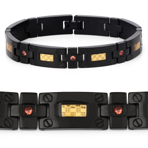 Black Titanium Men's Bracelet, Mens Titanium Bracelet with Gold Plated Steel Inlay, 0.56ctw. Natural Orange Sapphire Round