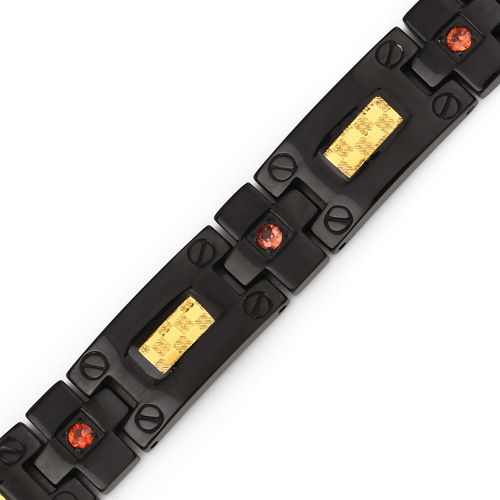 Black Titanium Men's Bracelet, Mens Titanium Bracelet with Gold Plated Steel Inlay, 0.56ctw. Natural Orange Sapphire Round