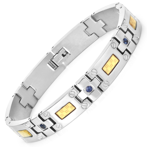 Bracelets-Titanium Men's Bracelet, Mens Titanium Bracelet with Gold Plated Steel Inlay, 0.56ctw. Natural Blue Sapphire Rounds