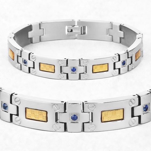 Titanium Men's Bracelet, Mens Titanium Bracelet with Gold Plated Steel Inlay, 0.56ctw. Natural Blue Sapphire Rounds
