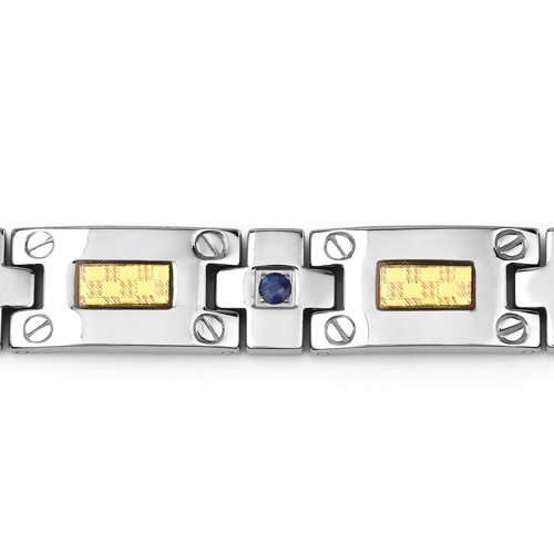 Titanium Men's Bracelet, Mens Titanium Bracelet with Gold Plated Steel Inlay, 0.56ctw. Natural Blue Sapphire Rounds
