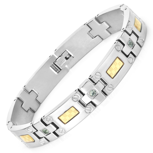 Bracelets-Titanium Men's Bracelet, Mens Titanium Bracelet with Gold Plated Steel Inlay, 0.56ctw. Natural Green Sapphire Rounds