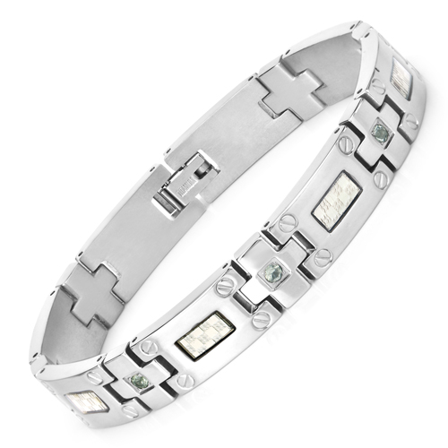 Bracelets-Titanium Men's Bracelet, Mens Titanium Bracelet with Silver Plated Steel Inlay, 0.56ctw. Natural Green Sapphire Rounds