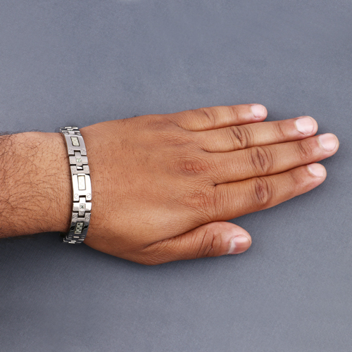 Titanium Men's Bracelet, Mens Titanium Bracelet with Silver Plated Steel Inlay, 0.56ctw. Natural Green Sapphire Rounds