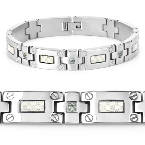 Titanium Men's Bracelet, Mens Titanium Bracelet with Silver Plated Steel Inlay, 0.56ctw. Natural Green Sapphire Rounds